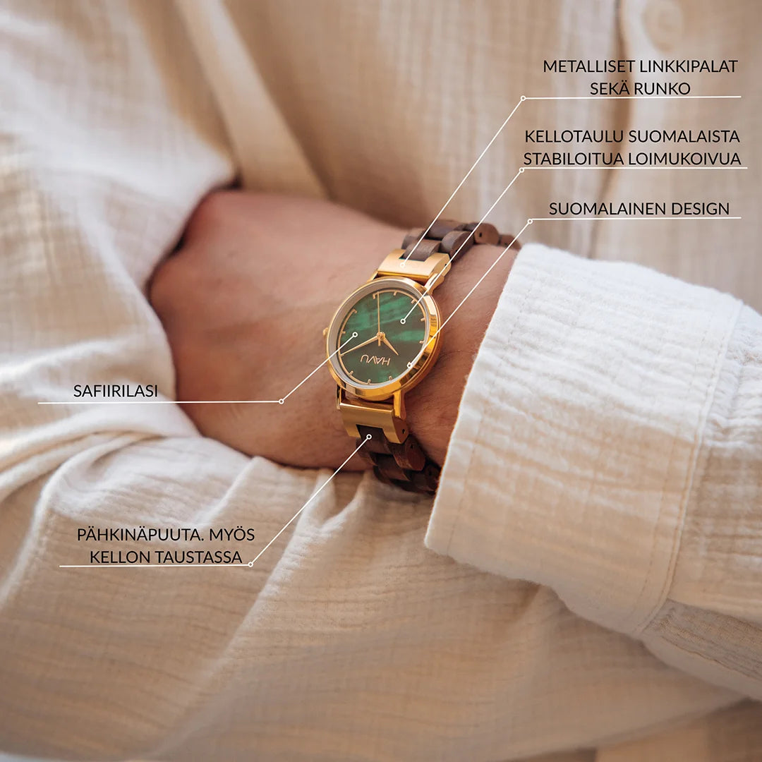 Havu Revontuli-kello pahkinapuu 32mm ominaisuudet